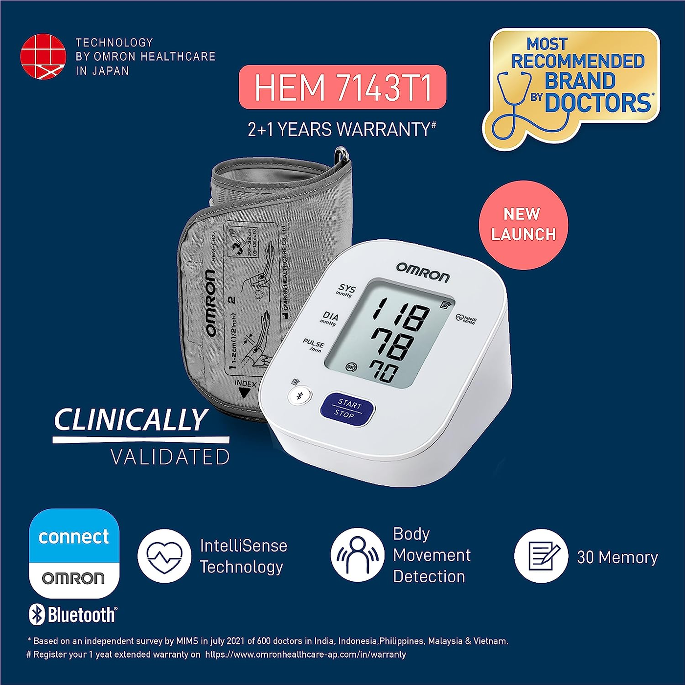 Omron Digital BP Monitor With Bluetooth Technology & Cuff Wrapping Guide HEM-7143T1 With Adapter