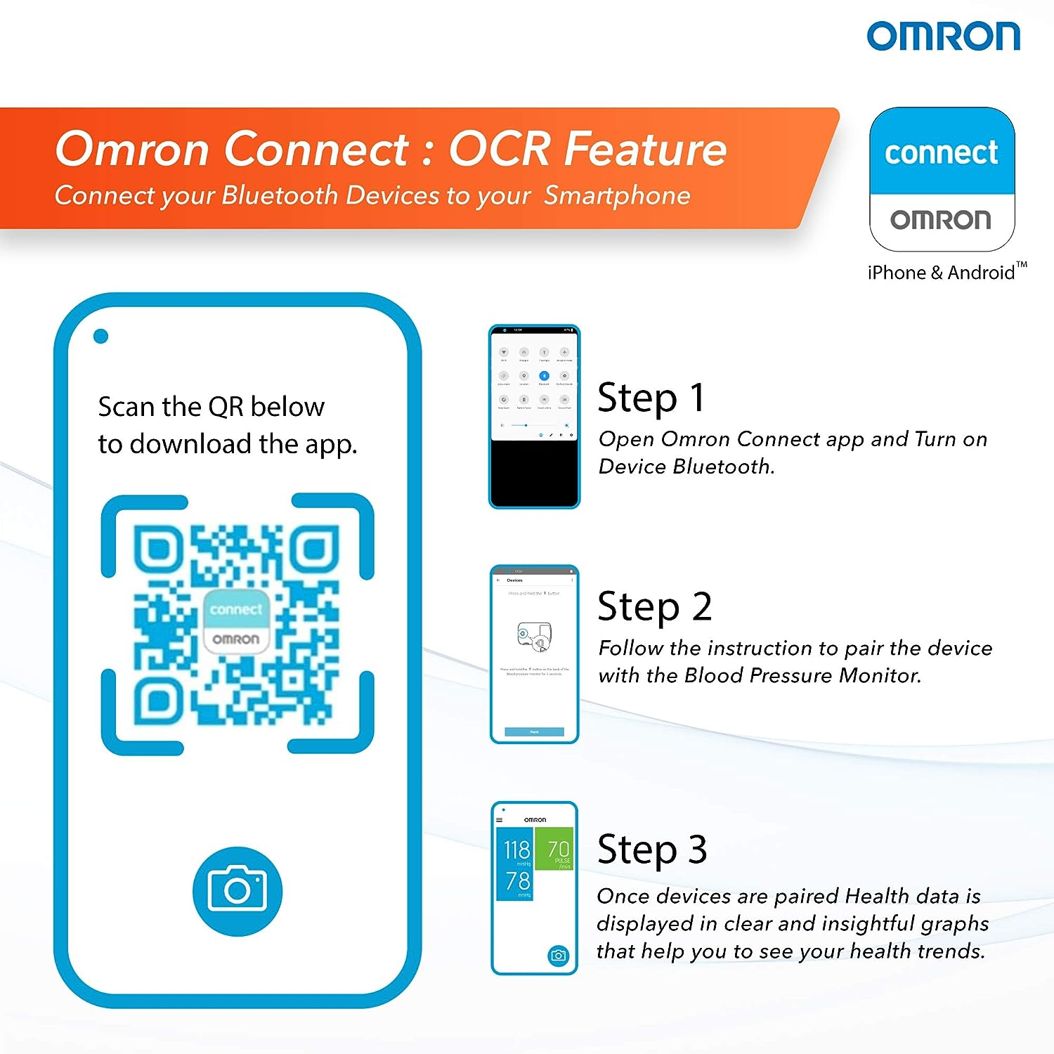 Omron Digital BP Monitor Omron HEM 7361T with bluetooth®, AFIB Indicator, IntelliWrap™ Cuff & Dual User Feature
