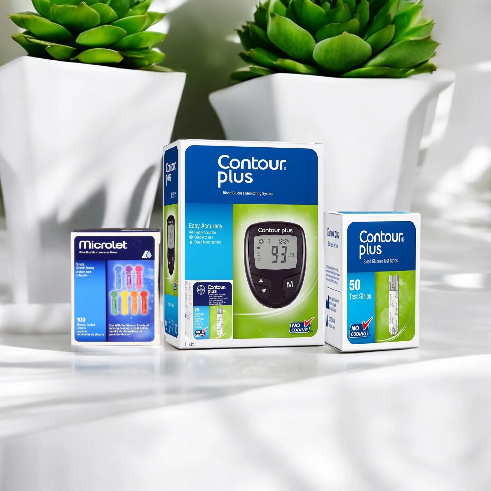 Contour Plus Glucometer (Free 25 Strips + 50 Strips + 100 Microlet Colored Lancets )