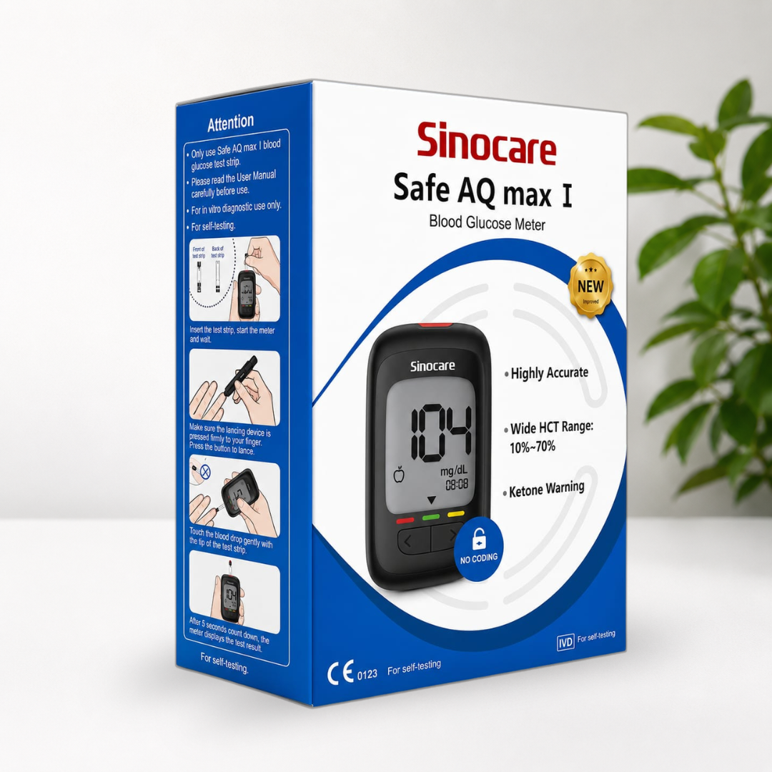 Sinocare Safe AQ Max I Blood Glucose Meter | Highly Accurate Blood Sugar Monitoring System | 100 Test Strips