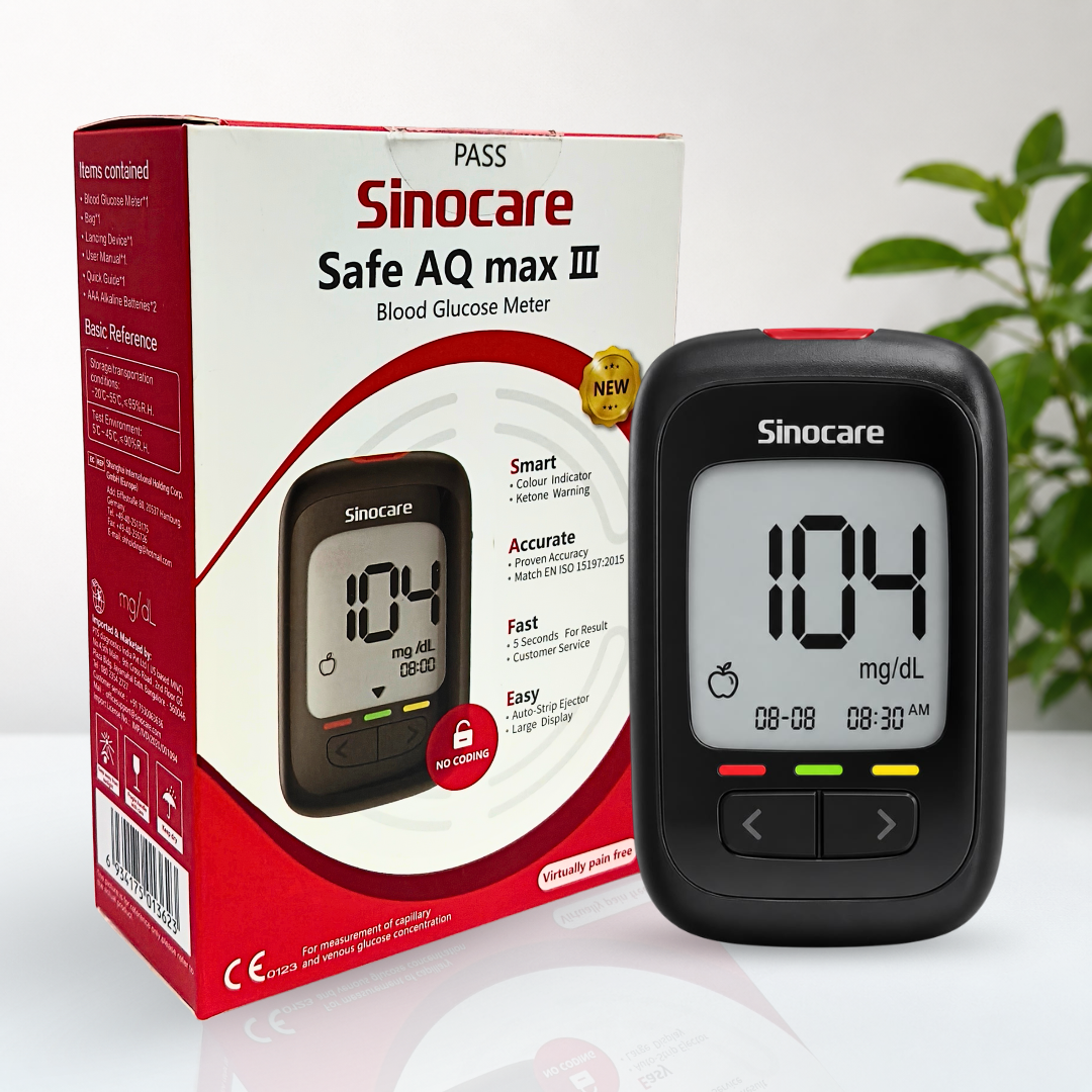 Sinocare Safe AQ Max III Blood Glucose Meter | No Coding | 5-Second Results | 50 Strips