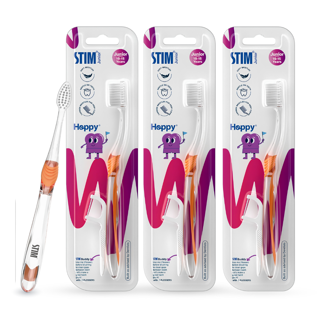STIM Hoppy Junior Toothbrush for 10–15 Years | Soft Bristles | Pack of 3