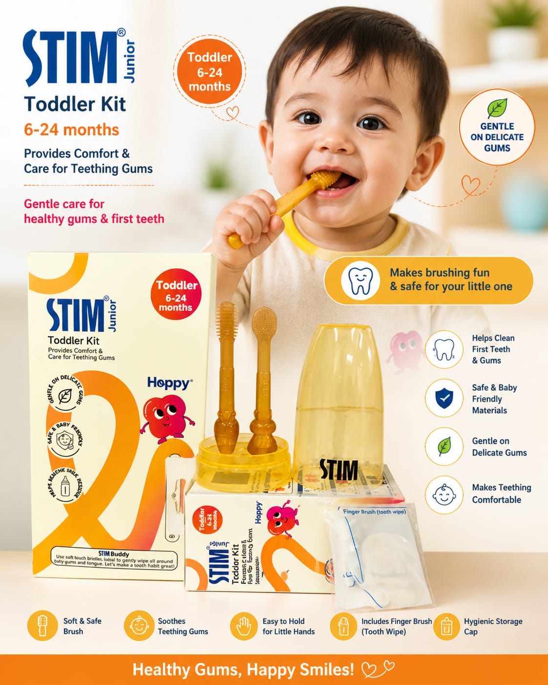 STIM Junior Toddler Oral Care Kit (6–24 Months) – Baby Toothbrush, Tongue Cleaner & Muslin Cloth | Safe Silicone Dental Care Kit
