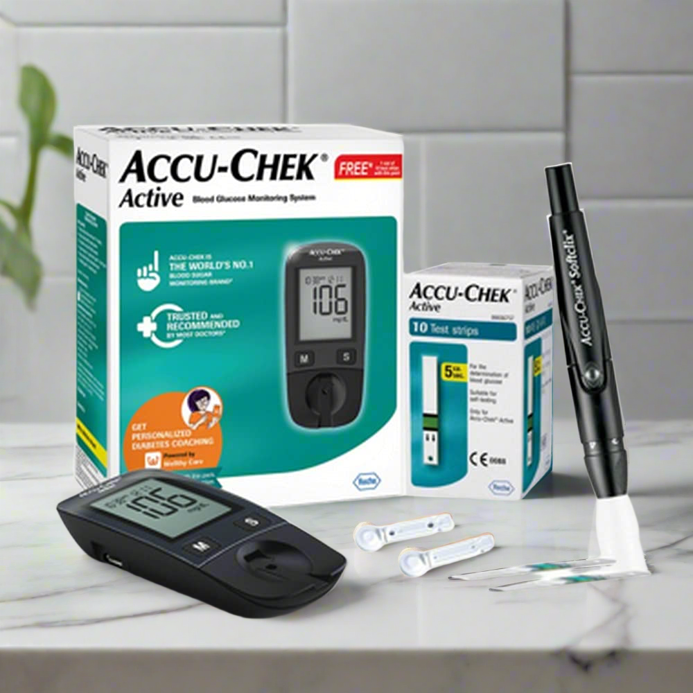 Acch-Chek Active Blood Glucose Kit With 10 Lancets, 10 Strips, Lancing Device, Free Soft-Clix Lancets 25