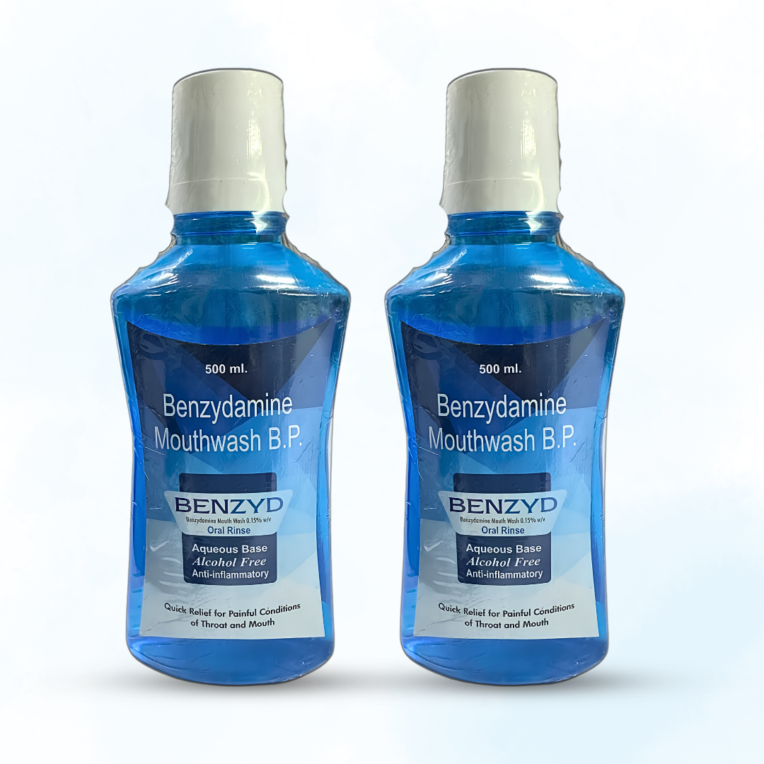 Benzyd Benzydamine Mouthwash B.P. 0.15% w/v 500ml – Pack of 2 | Alcohol Free Anti-Inflammatory Oral Rinse