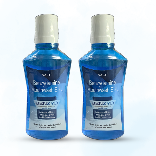 Benzyd Benzydamine Mouthwash B.P. 0.15% w/v 500ml – Pack of 2 | Alcohol Free Anti-Inflammatory Oral Rinse
