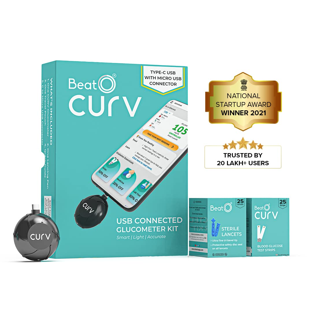 BeatO Curv Smartphone Connected Glucometer Device With Type-C Connector Free 25 Strips & 25 Lancets & Water Proof Cover Pouch, Accurate Reading