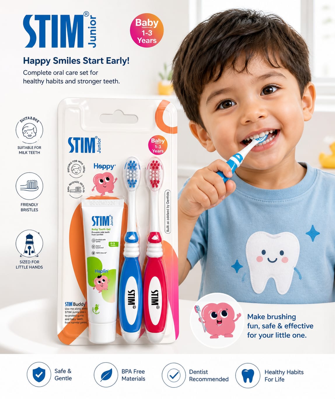 STIM Junior Hoppy Baby Toothbrush & Tooth Gel Set – Pack of 2 Toothbrushes (1–3 Years)