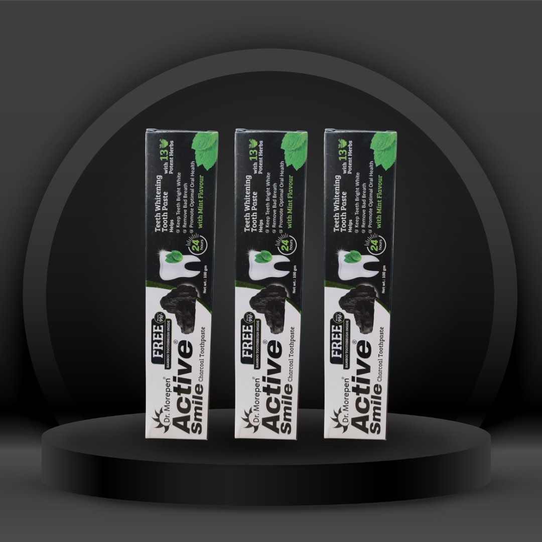 Dr. Morepen Active Smile Charcoal Toothpaste Combo – Pack of 3 (100g Each) with Free Bamboo Brushes | Teeth Whitening with Refreshing Mint