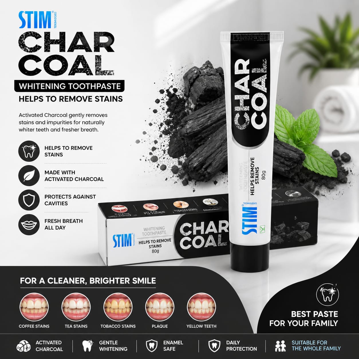 STIM Charcoal Whitening Toothpaste (80g) Pack of 3 – Teeth Whitening, Cavity Protection & Fresh Breath | Activated Charcoal Formula
