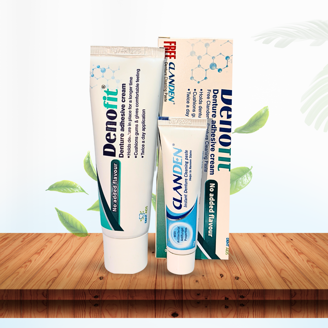 Denofit Denture Adhesive Cream 50g + Free Clanden Denture Cleaning Paste 15g | Strong Hold & Oral Hygiene Solution