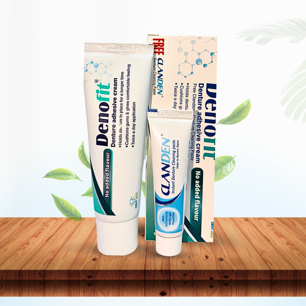 Denofit Denture Adhesive Cream 50g + Free Clanden Denture Cleaning Paste 15g | Strong Hold & Oral Hygiene Solution
