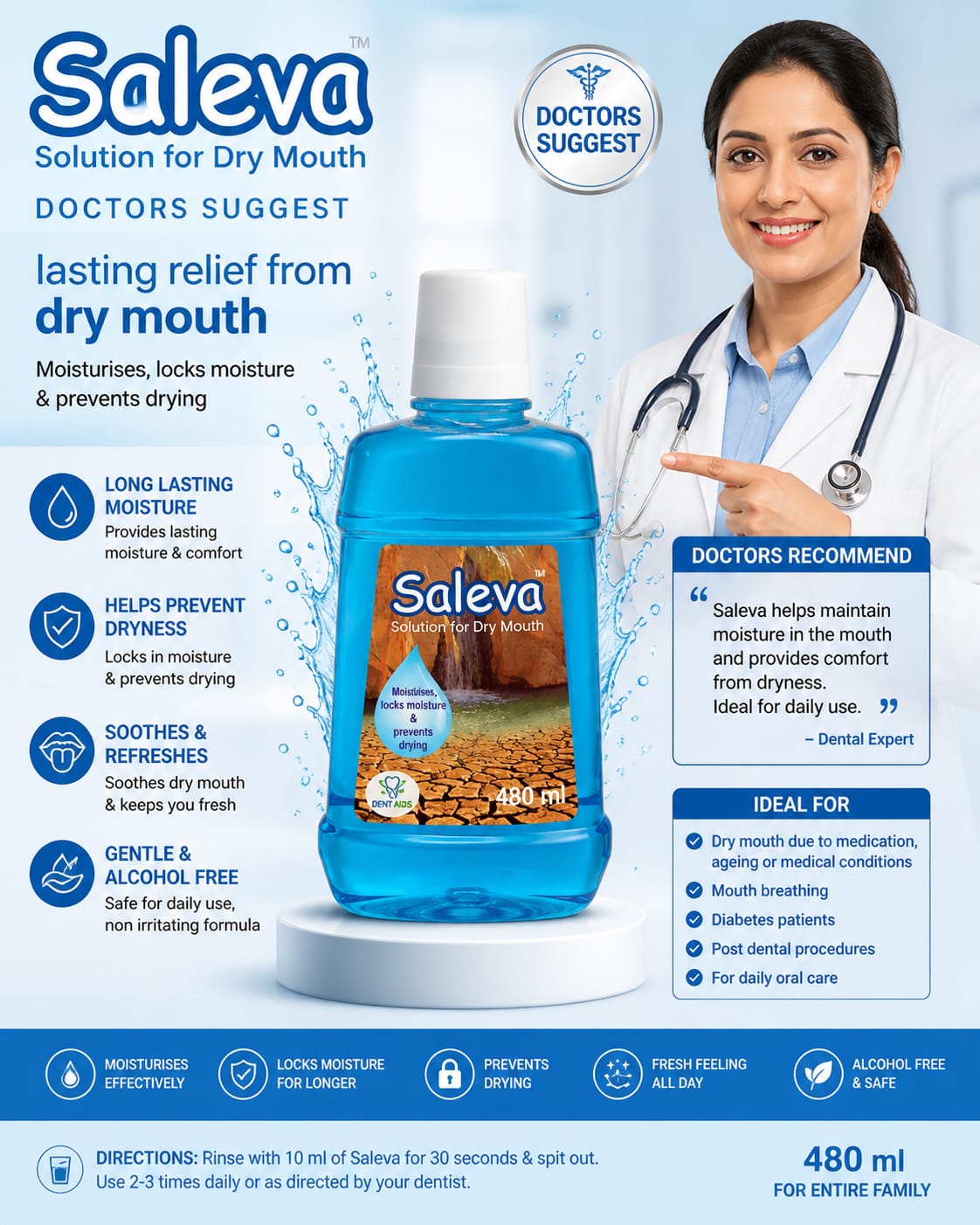 Dr. Dent Aids Saleva Mouth Wash Moistens Locks Moisture & Prevent Drying (3 Pcs)