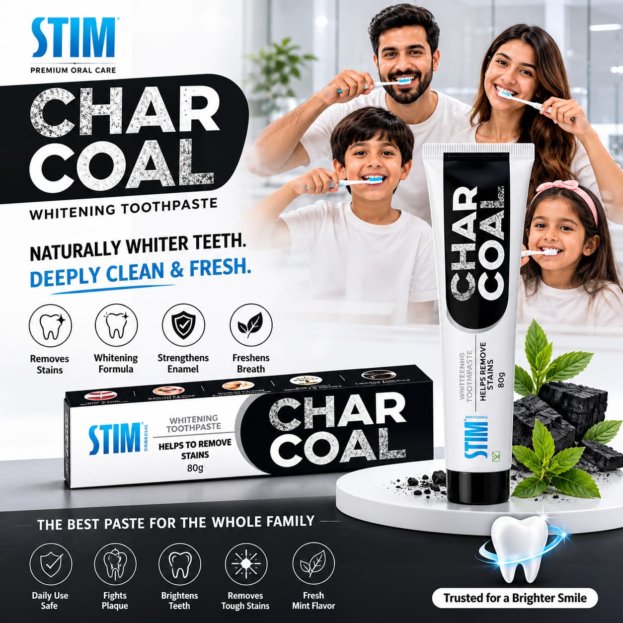 STIM Charcoal Whitening Toothpaste (80g) Pack of 3 – Teeth Whitening, Cavity Protection & Fresh Breath | Activated Charcoal Formula