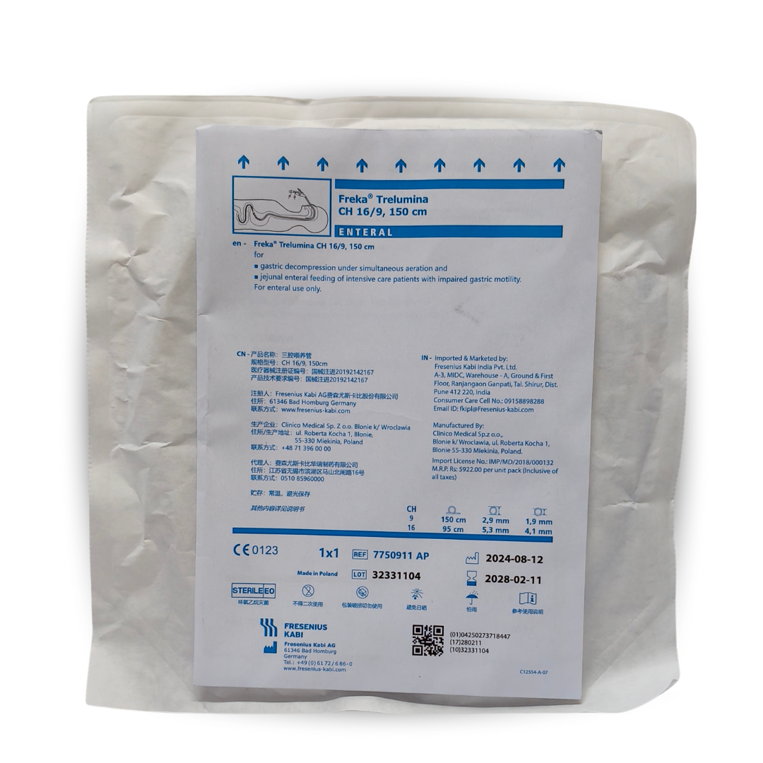 Freka Trelumina CH 16/9, 150 cm – Triple Lumen Enteral Feeding Tube | For Gastric Decompression & Enteral Nutrition