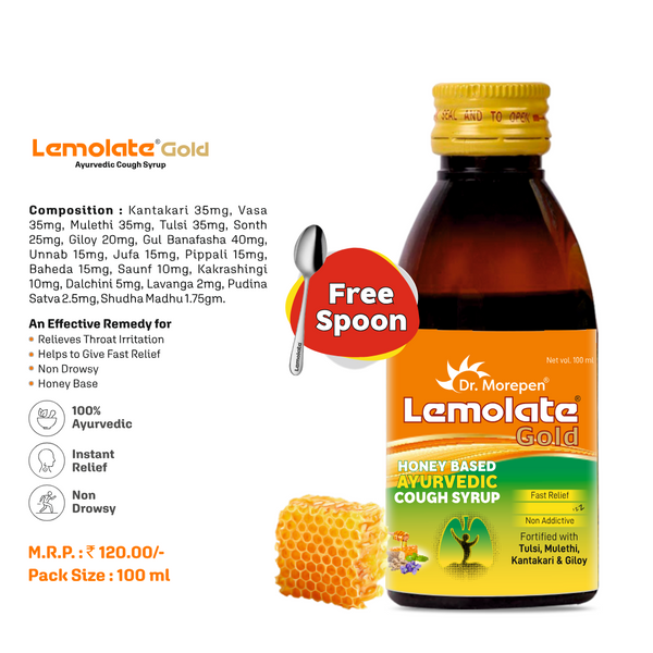 Dr. Morepen Lemolate® Gold Ayurvedic Cough Syrup – 100ml | Herbal Relief for Cough, Cold & Throat Irritation