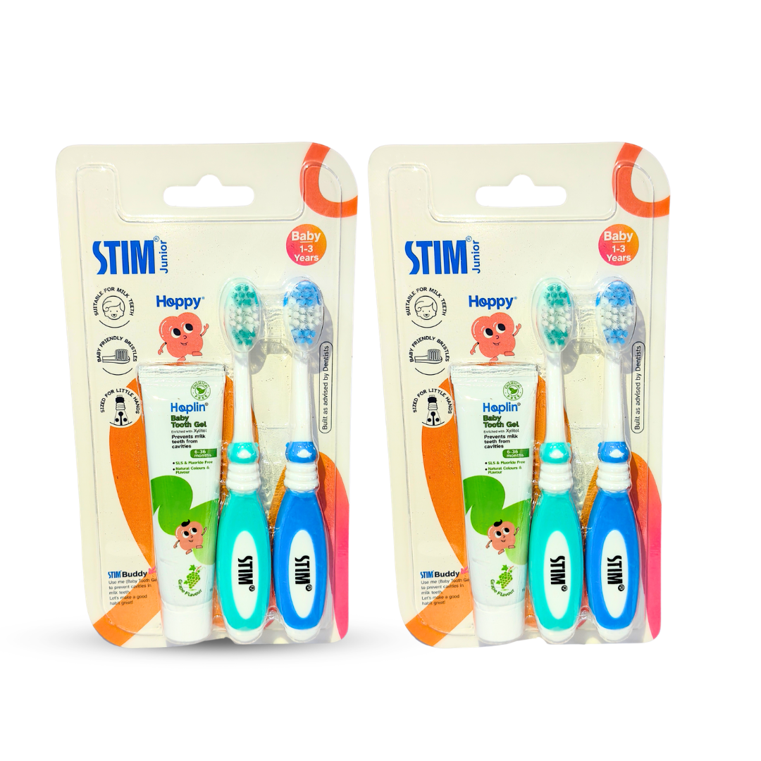 STIM Junior Hoppy Baby Toothbrush & Tooth Gel Set – Pack of 2 Toothbrushes (1–3 Years)
