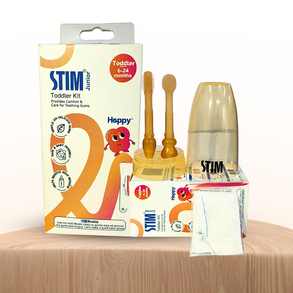STIM Junior Toddler Oral Care Kit (6–24 Months) – Baby Toothbrush, Tongue Cleaner & Muslin Cloth | Safe Silicone Dental Care Kit