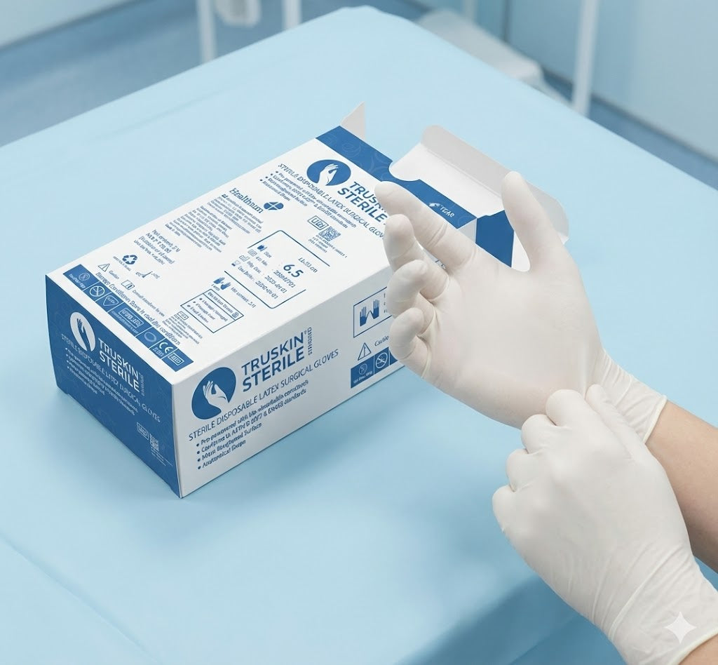 TRUSKIN® Sterile Standard Disposable Latex Surgical Gloves – Pre-Powdered, Micro-Roughened Grip