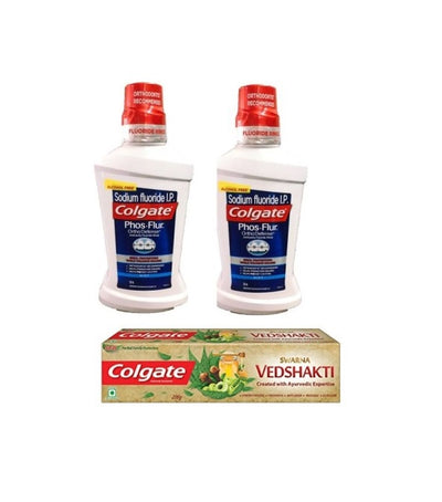 Colgate Phos.Flur Ortho Defense, Active Fluoride Rinse, Sodium fluoride I.P (Pack of 2) - Mint  (1000 ml) + Swarn Vedshakti Toothpaste 200gm