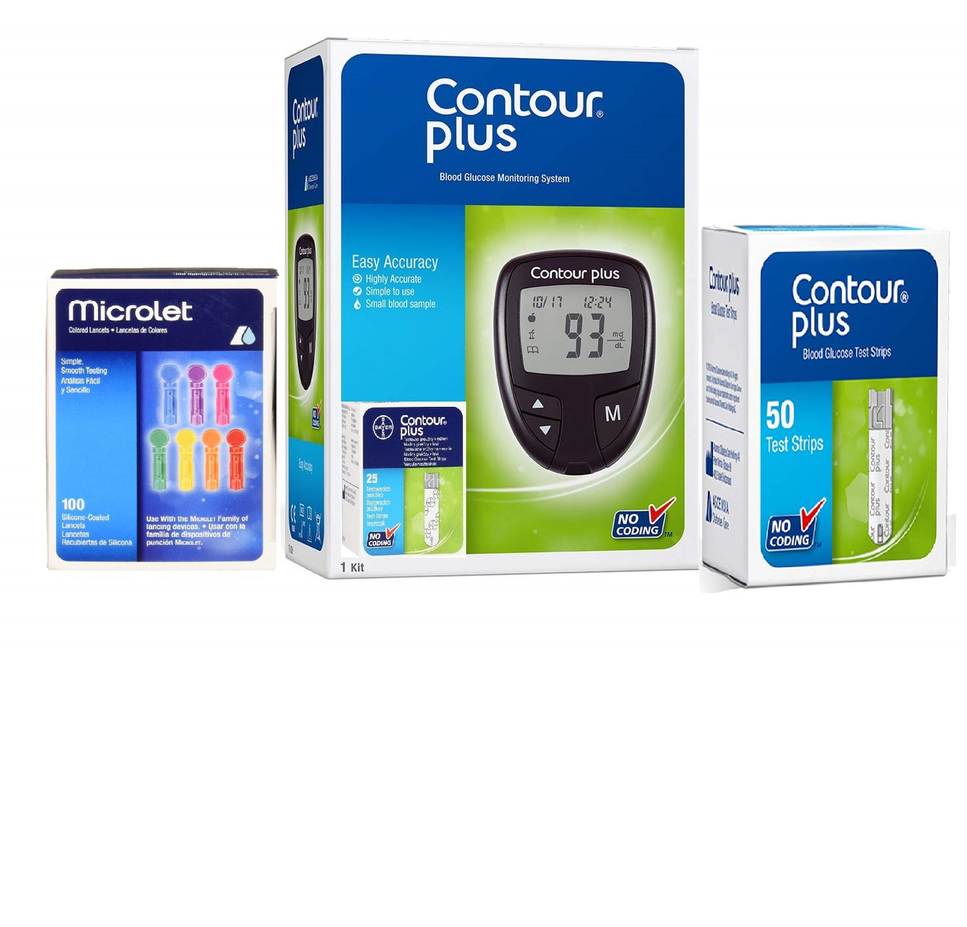 Contour Plus Glucometer (Free 25 Strips + 50 Strips + 100 Microlet Colored Lancets )