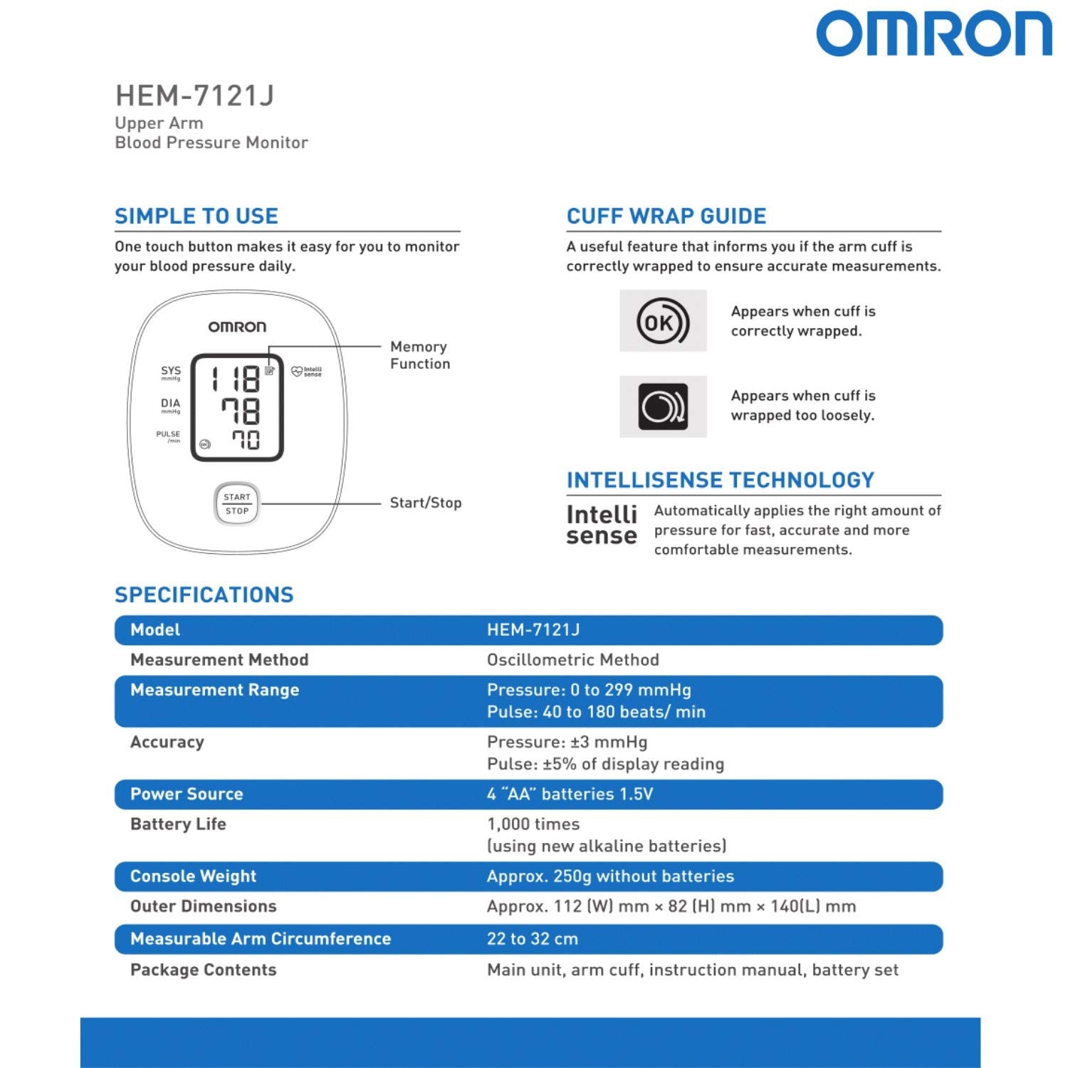 Omron Digital BP Monitor HEM-7121J with Cuff Wrapping Guide and IntelliSense Technology