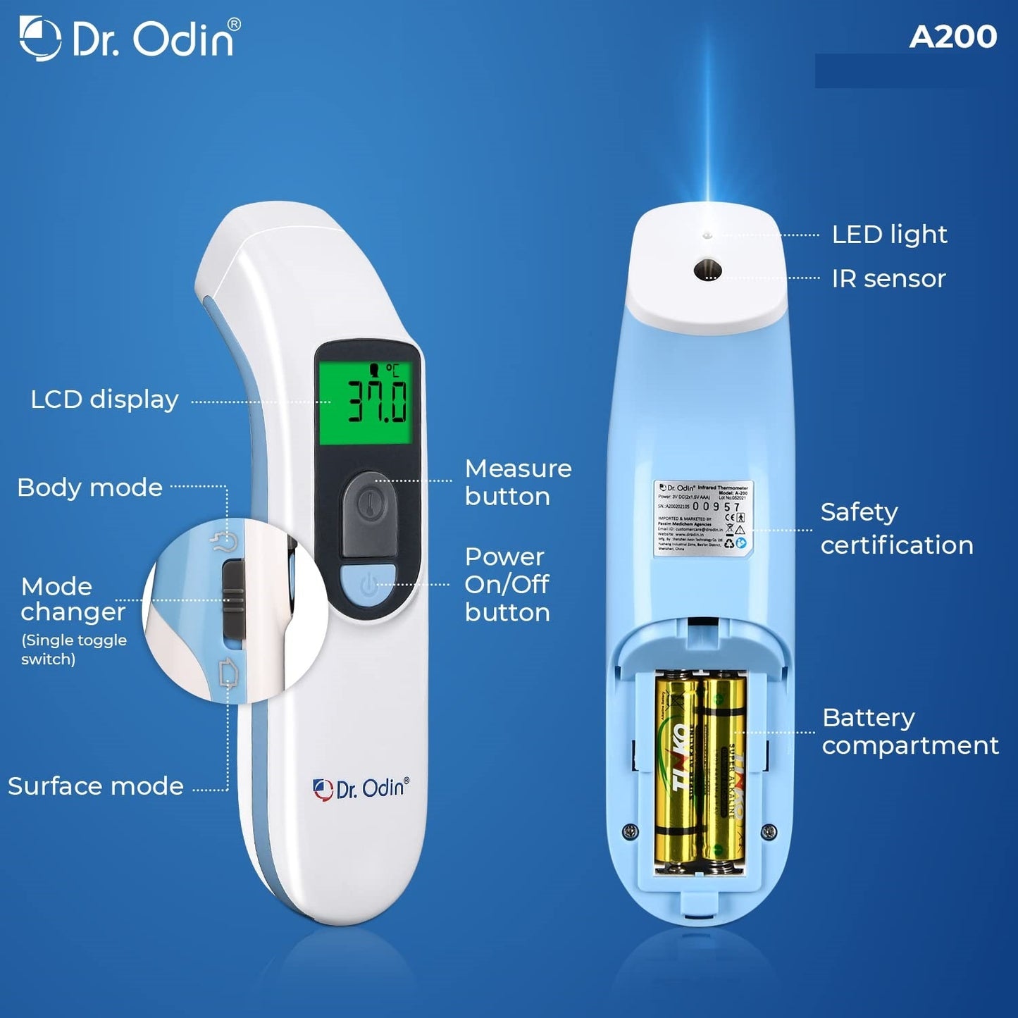 Dr Odin Infrared Thermometer (Non Contact Thermometer) A-200 (Body & Object)