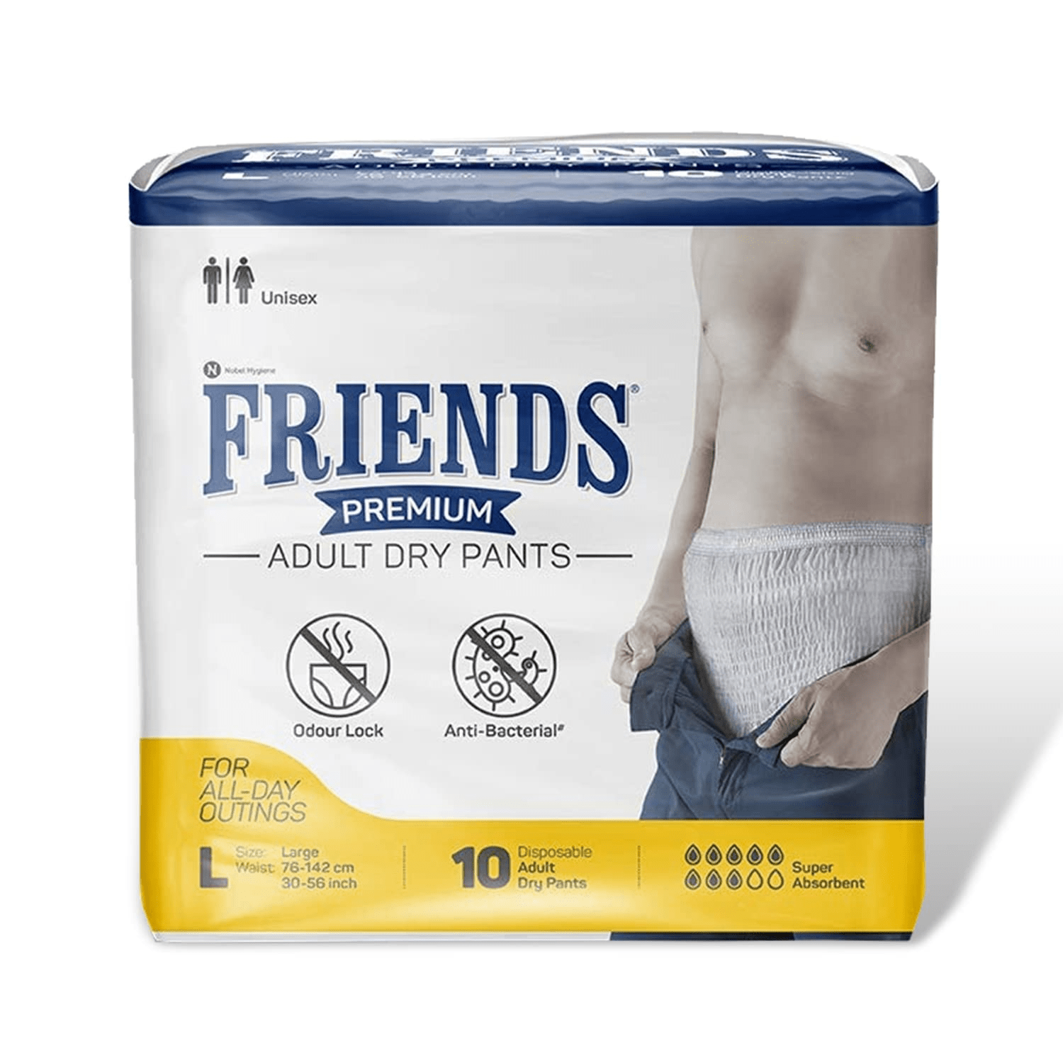 Friends Premium Adult Diapers Pant Style - 10 Count - Large- with odour lock Waist Size 30- 56 Inch ; 76- 142cm