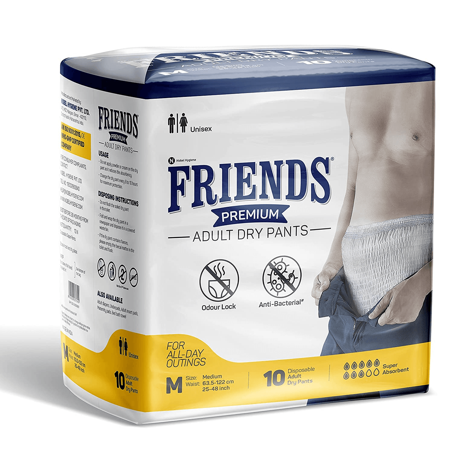 Friends Premium Adult Diapers Pant Style - 10 Count - Medium - with odour lock Waist Size 25- 48 Inch ; 63- 122cm