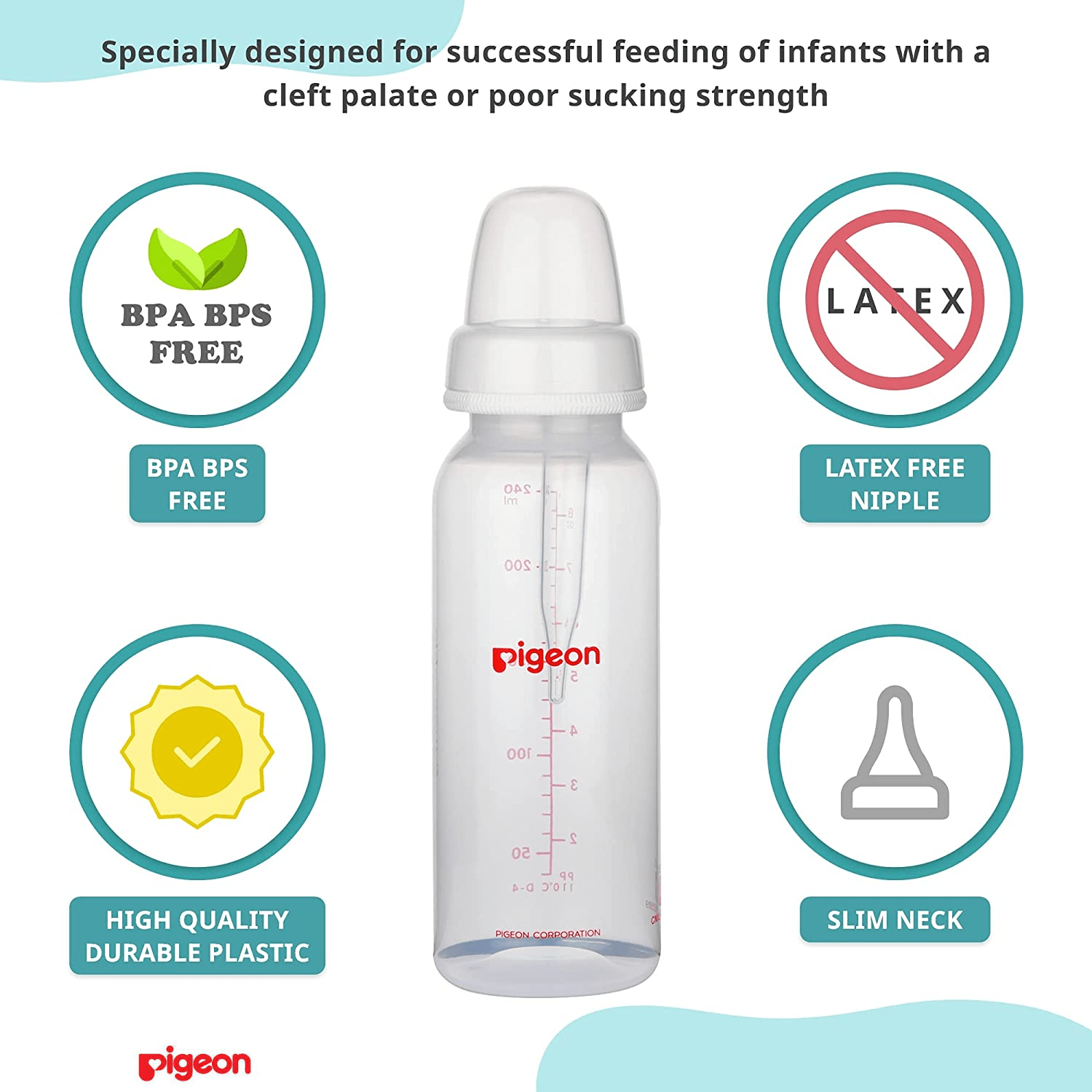 Pigeon Cleft Palate Feeding Bottle, Feeder with Silicone Long Nipple,BPA Free,BPS Free,Adjustable Milk Flow,240 ml