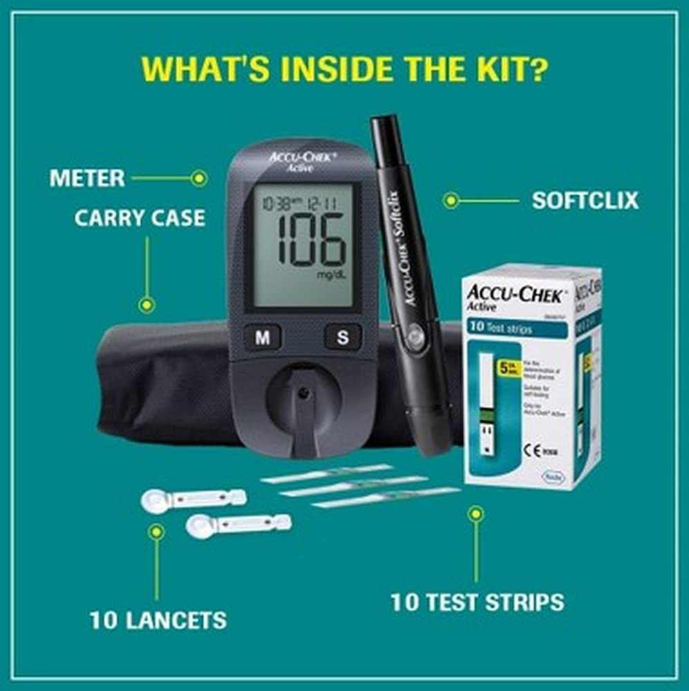 Acch-Chek Active Blood Glucose Kit With 10 Lancets, 10 Strips, Lancing Device, Free Soft-Clix Lancets 25