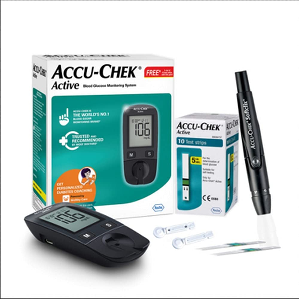 Acch-Chek Active Blood Glucose Kit With 10 Lancets, 10 Strips, Lancing Device, Free Soft-Clix Lancets 25