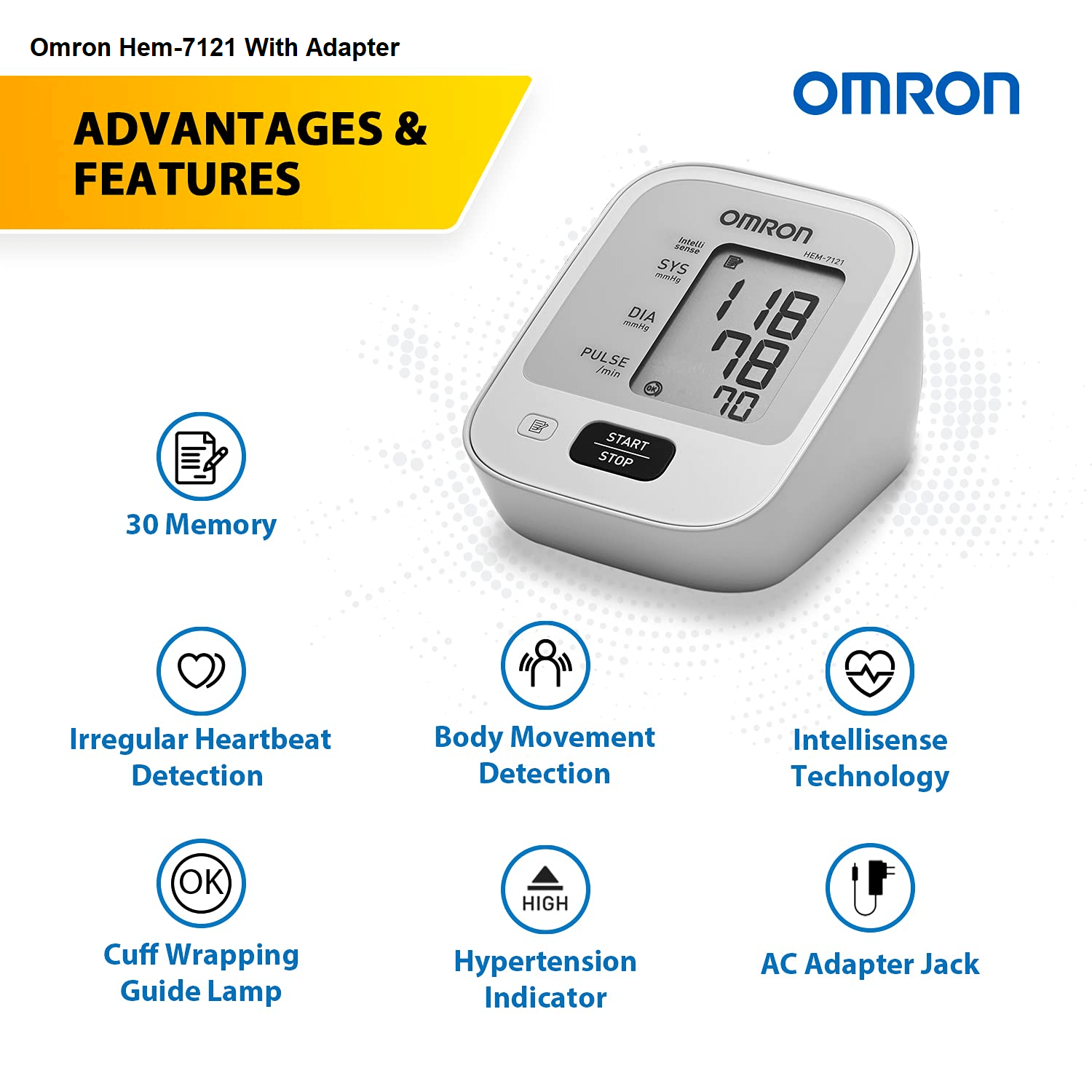 Omron HEM-7121 Digital BP Monitor With Intelligence Technology With Adapter