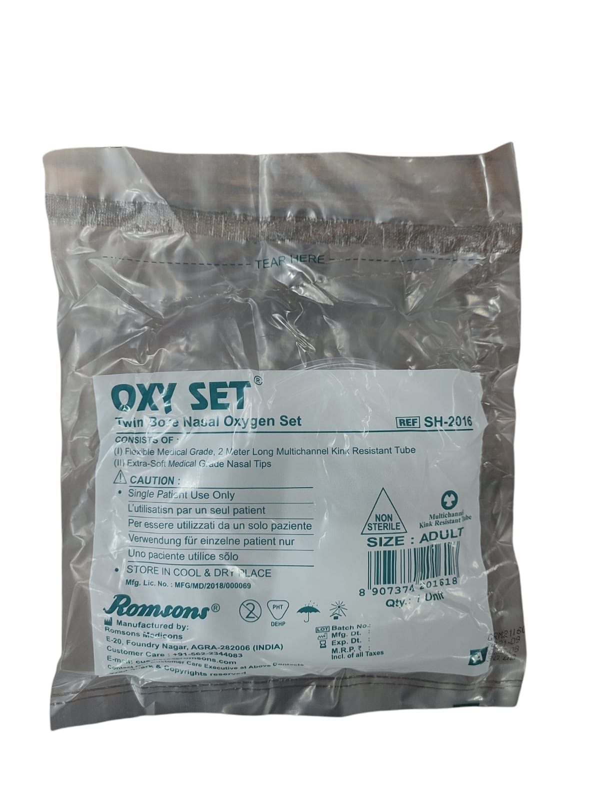 Romsons Oxy Set Twin Bore Nasal Oxygen Set SH-2016, Adult Size